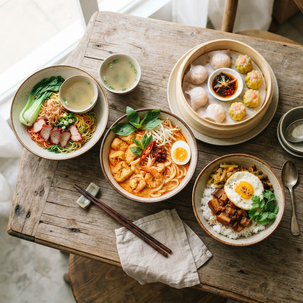 A colourful spread of dumplings, rice bowls, curry laksa and dry noodle dishes