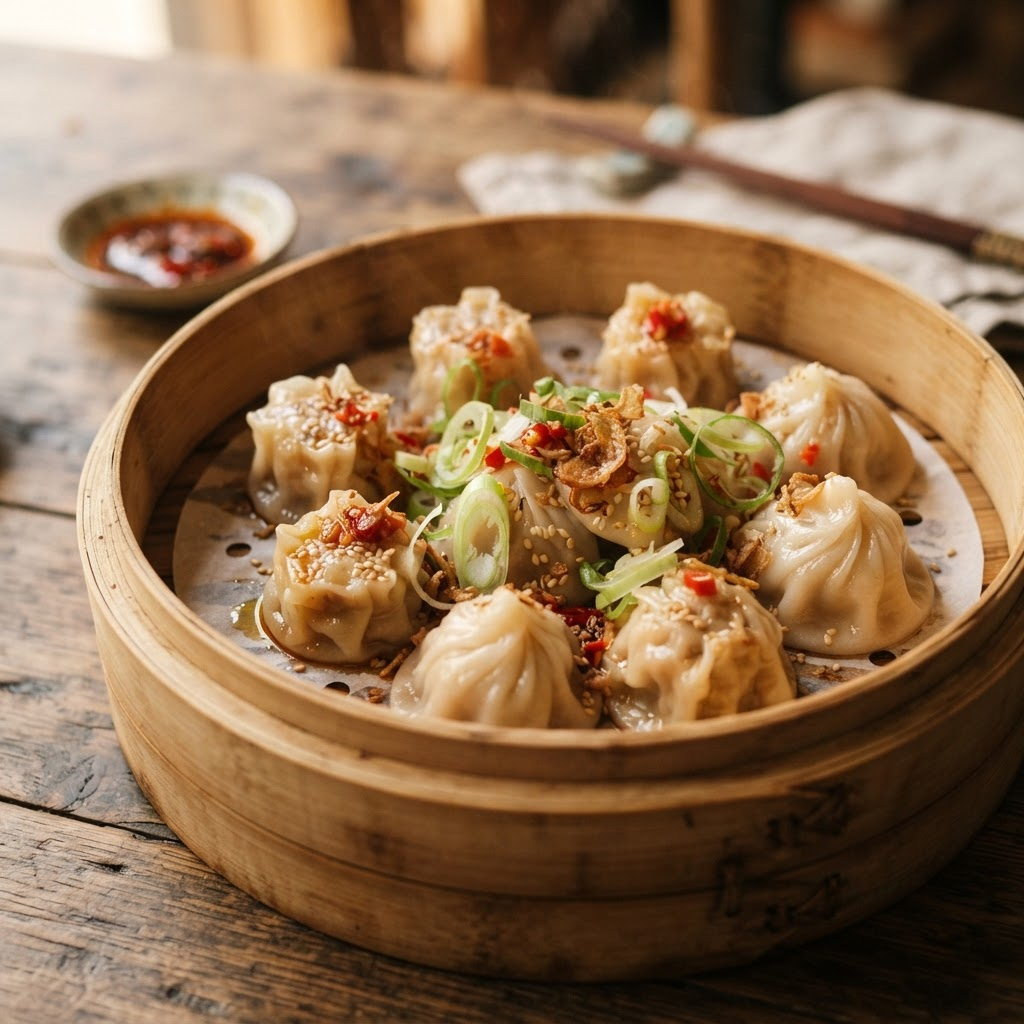 Fresh steamed dumplings in a bamboo basket