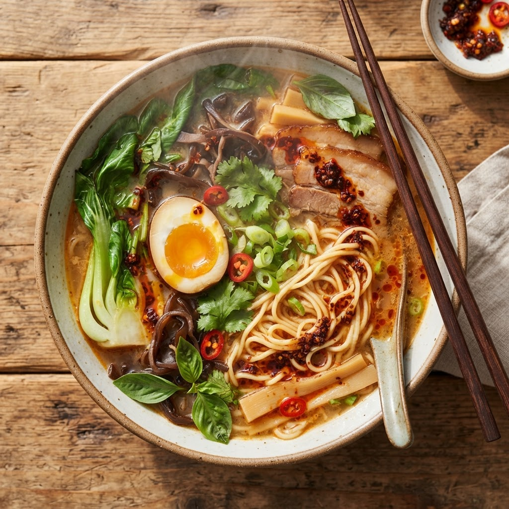 Steaming colourful bowl of Asian soup noodles with fresh herbs and chili oil